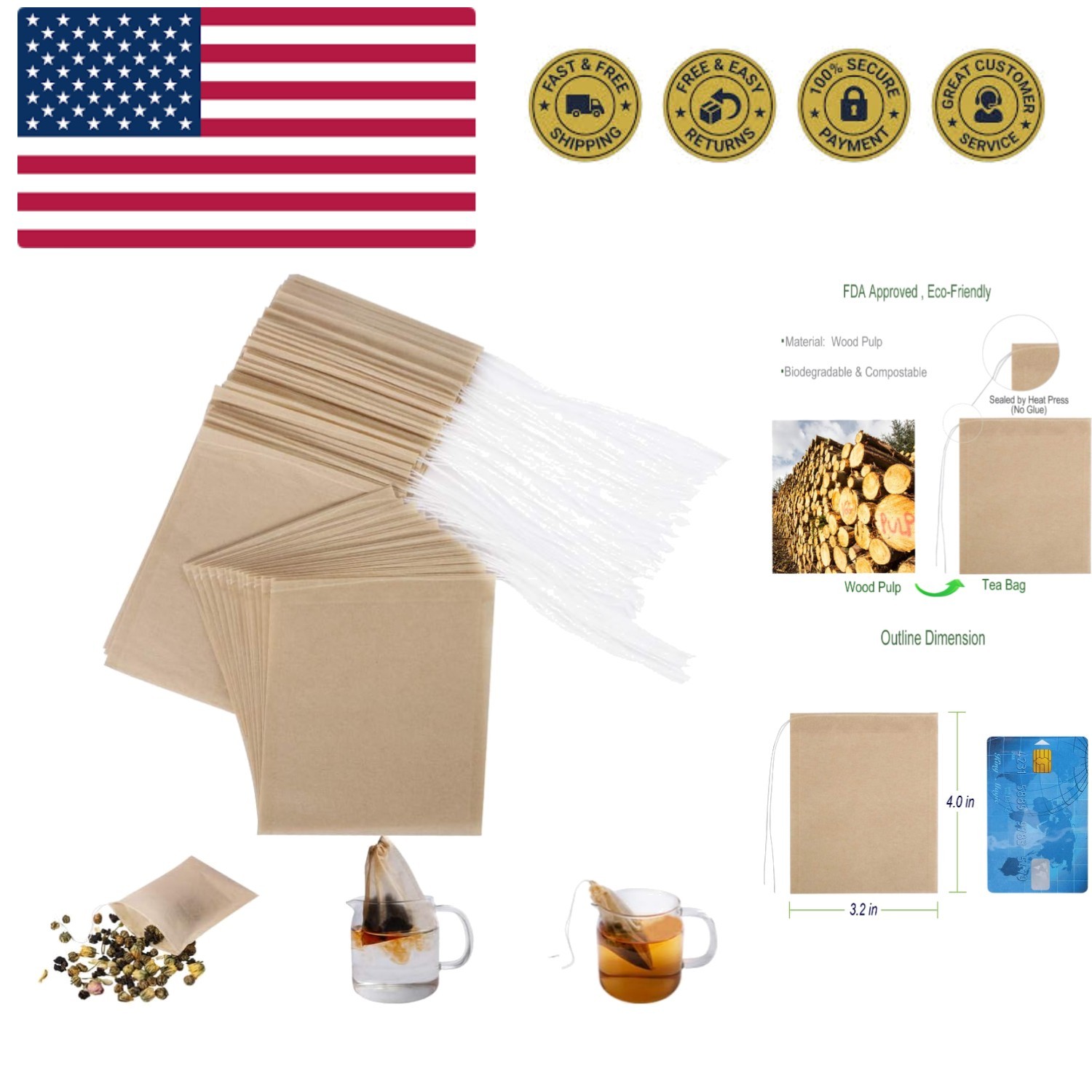 Filter Bags For Loose Tea, Wood Pulp Material, Biodegr...