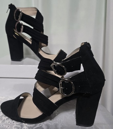 Qupid Faux Suede Black Dress Sandals Block 3.5 Inch Heels Size 7.5 - Picture 3 of 10