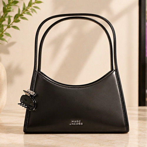 Marc Jacobs Black Top Handle Bag Logo Charm Magnetic Closure Silver Hardware