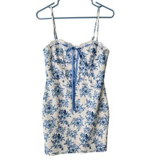 French Country, Cottage Blue White Floral Toile Lace Mini Dress NWT Size L 8/10