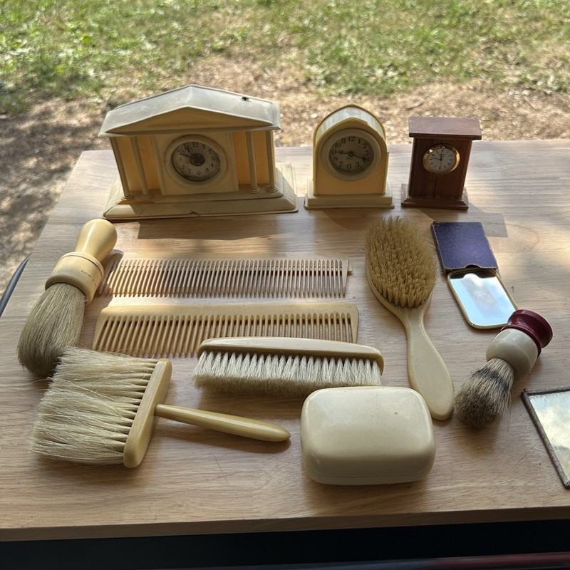 Vintage Vanity Grooming Set w/ Brushes, Combs, Mirror, Soap & 3 Mini Clocks