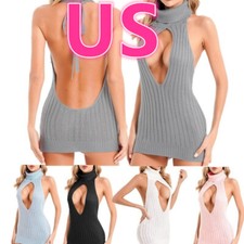 Women's High Neck Ribbed Short Dress Keyhole Sleeveless Bodycon Mini Dresses