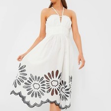 Ulla Johnson Beatrice White Cotton Linen Embroidered Midi Dress w. Tag Size 0