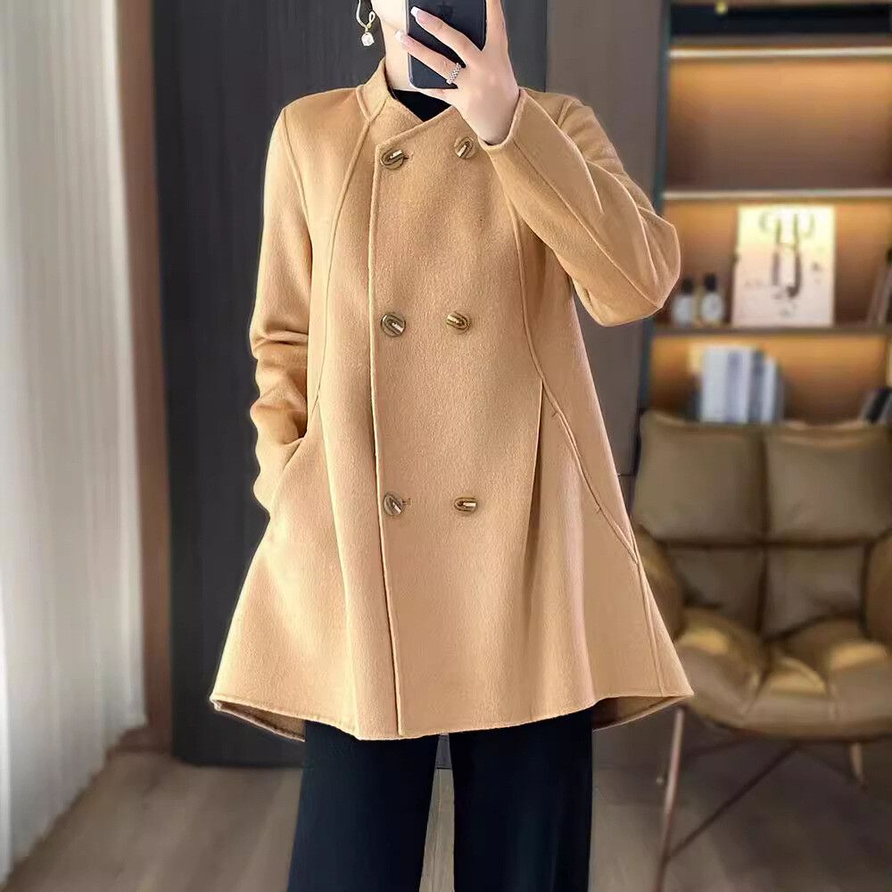 Elegant Double Breasted Wool Coat with Stand Collar for Winter Warmth