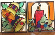 Set of 2 Vintage Stained Glass Christmas Candle  Bells Plastic Sun Catcher 7x8  