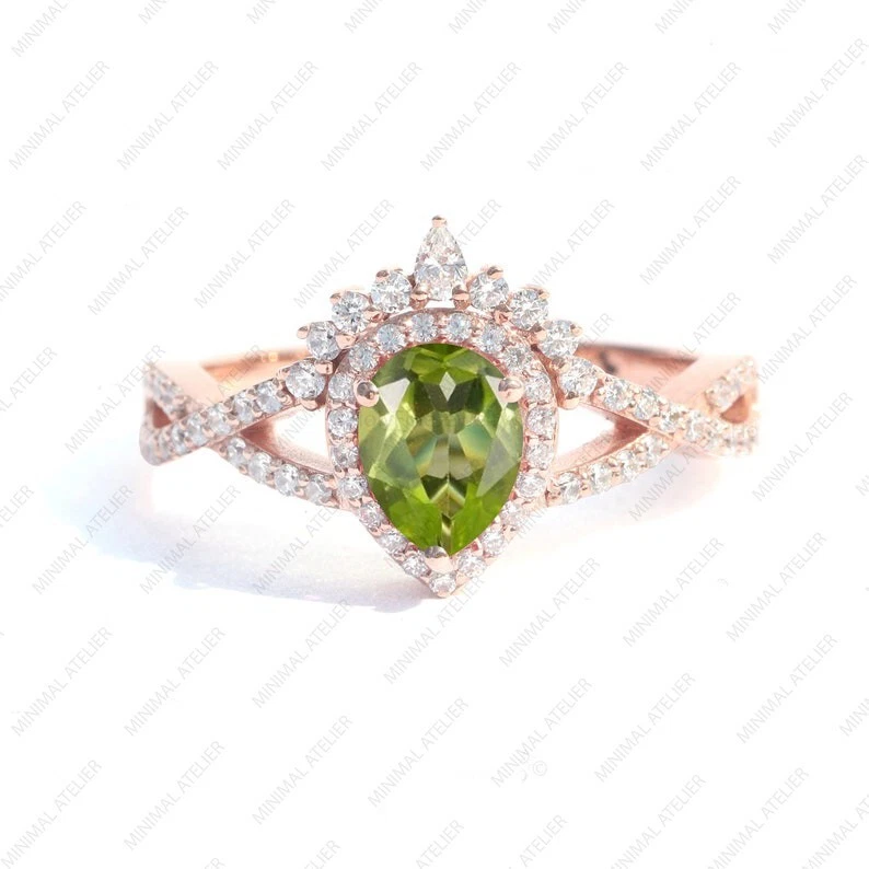 Грушевидная форма перидот вечность кольцо, 925 серебро позолоченное обручальное женское кольцо - Изображение 3 из 3