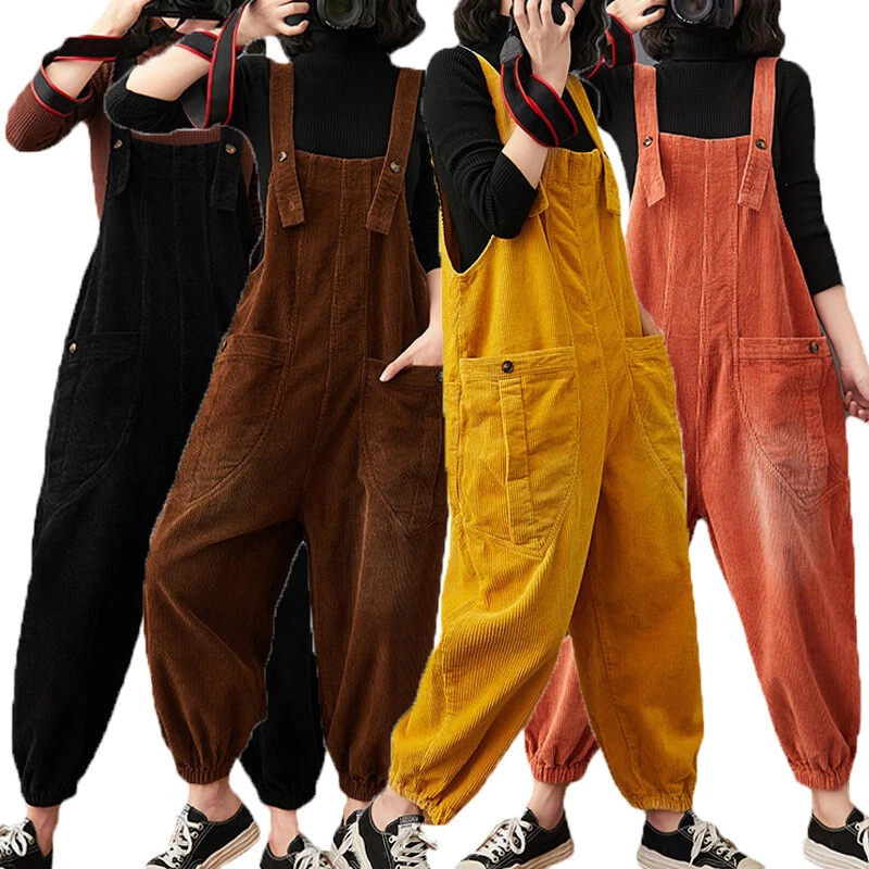 Damen Kord Hose Latzhose Overall Vintage Overall Lockere Hose Arbeitskleidung - Bild 2 von 4