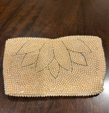 Vintage Faux Pearl Beaded Clutch Purse Satin Lined Zippered Clean 7" 4.5"