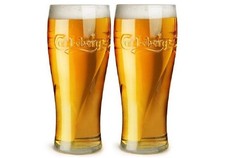 2x Carlsberg One Pint 20oz Beer Glass Embossed Enamel Nucleated Brand New CE M08