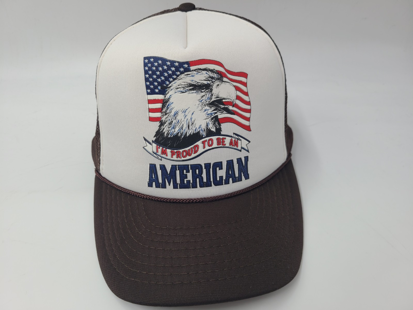 I'm Proud To Be An American Bald Eagle Flag Mesh Trucker Snapback Hat Cap Brown