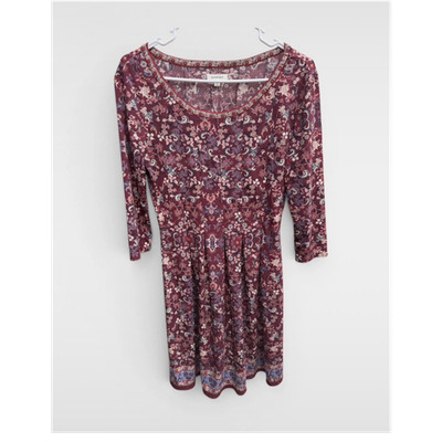 Max Studio Burgundy Floral Fit & Flare Scoop Neck 3/4 Sleeve Dress Small Women