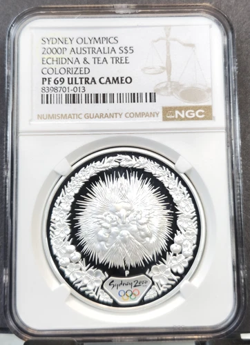 2000 AUSTRALIA SILVER 5 DOLLARS ECHIDNA & TEA TREE NGC PF 69 ULTRA CAMEO GEM
