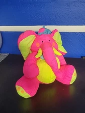 Vtg Stuffins Lumpys Gang 14" Neon Pink Yellow Elephant Nylon Plush Stuffed Toy
