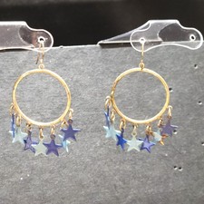 Celestial Gold Tone Hoop Earrings with Ombre Blue Enamel Star Dangles