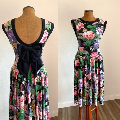 VTG 80s Dark Romance Floral Garden Cottage Goth Core Dress S (3/4) Big Bow Back