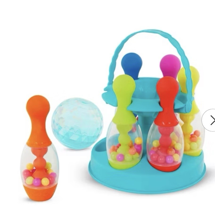 Let's Go Bowling! Preschool Bowling Set 6 Pins Ball Sensory Beads Caddy Ages 2+