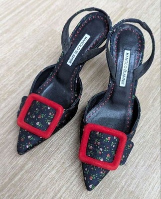 ManoloBlahnikネイビー ポインテッドトゥ スリングバックミュール40 Manolo Blahnik Floral Mules Slingback Pumps Navy Heel Women's 36.5