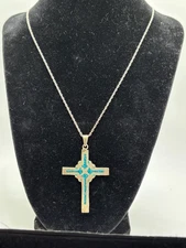 Sterling Silver and Turquoise Cross Pendant Marked TAXCO 925 AAB - 18 Inch Chain