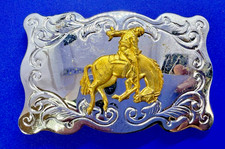 Rodeo Cowboy Bucking Bronco Horse Rider Two Tone Western Chambers Belt Buckle