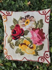 Vintage Handmade Needlepoint Pillow 20X20 Multicolor Roses On Ecru Base READ: