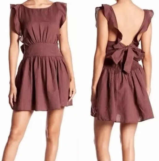 Free People Erin Linen Ruffle Sleeve Open Tie Back Skater Dress in Brown Size S