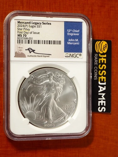 2024 (P) SILVER EAGLE NGC MS70 STAR PRIVY FIRST DAY OF ISSUE FDI MERCANTI SIGNED