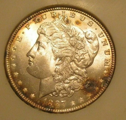 1887 Morgan Silver Dollar - BU, Colorful Spotted Toning both sides 4077-1