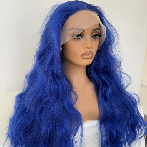 Layered Blue Synthetic Hair T Lace Frontal Wig Long Wavy Pre Plucked