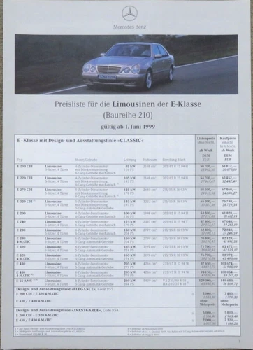 Mercedes E-Klasse Limousine W210 Preisliste price list von 6/1999 (RB)