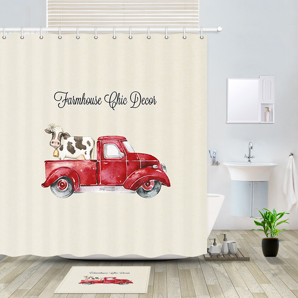 Red Truck And Farm Cow Shower Curtain Bathroom Decor Fabric 12hooks Ebay