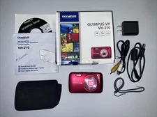 OLYMPUS Red Digital Camera VH-210 14MP + Extras. NO SD Card. Tested & Works!