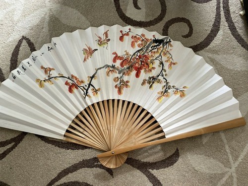 Wall Fan Chinese water color original Hand painted Large Bamboo frame 48x26" - Picture 2 of 12