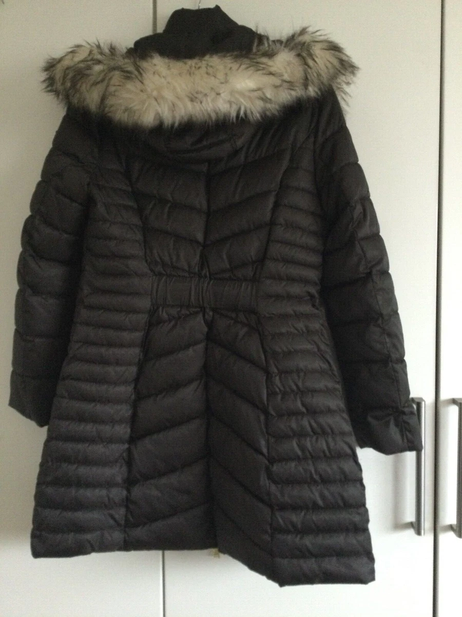 brown faux fur hooded zip fitted parka coat mid lemgth medium 12