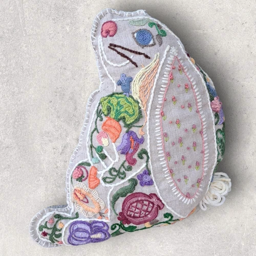 Handmade Bunny Rabbit Embroidered Throw Pillow 15" Easter Spring Grannycore 