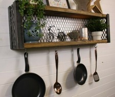 Industrial Style Wall Mounted Shelf. Storage Display Utensil Rack, 