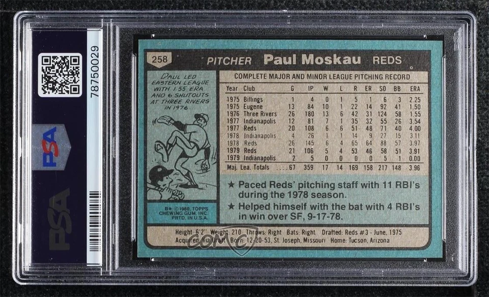 1980 Topps Paul Moskau #258 PSA 9 MINT - Image 2 of 2