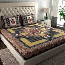 BOHOBAZARINDIA Jaipuri Sanganeri Cotton Bedsheet Set Gujari Print 144 TC Double