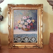 Quadro anni 70 cesto di fiori Natura Morta Dipinto olio su tavola cm 17x21