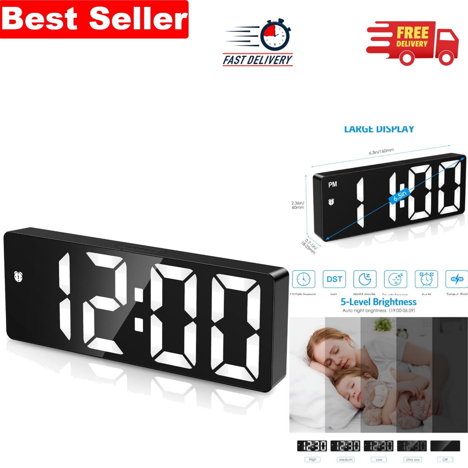 Multi-Functional Digital Alarm Clock: Large Display, DST & Temperature Features