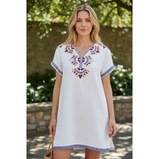 Zara "Santa Fe" Aztec-inspired Embroidered Linen Blend Shift Dress
