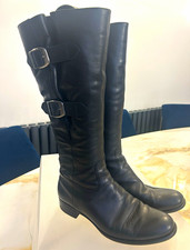 Women’s Black Leather Knee High Riding Boots Zip Buckle Low Block Heel