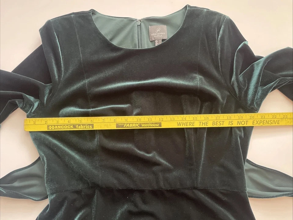 Vestido Adrianna Papell Talla 16 Cazador Verde Corbata Frontal Terciopelo Fiesta Manga 3/4 B11 Foto 3 de 4