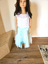 Jona Michelle Girls Fit  Flare Light Blue White Floral Sequin Tulle Midi 8
