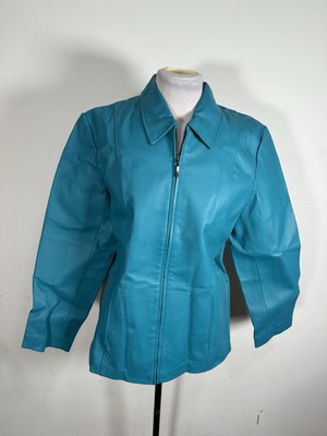 Dialogue Women s Teal Color 100% Leather Long Sleeve Jacket Sizs L