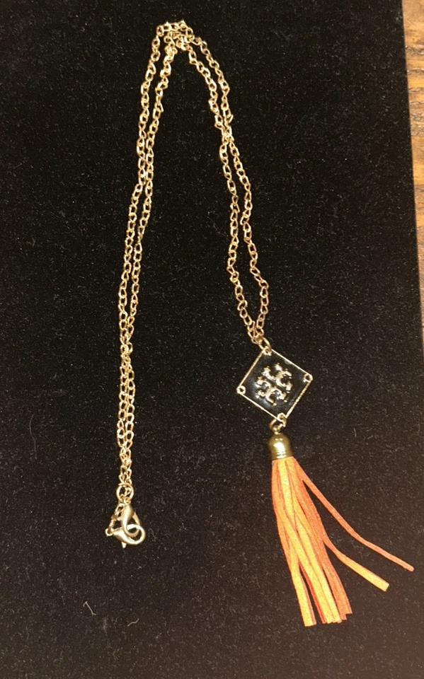 Tory Burch Pendant Logo And Leather Tassel Gold Tone 34” Long Necklace - Image 2 of 3