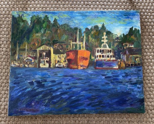 Joe Reno (1942-) olio su tela nave canale Seattle nord-ovest nuovo con etichette arte 1980 37”X29” - Foto 2 di 5