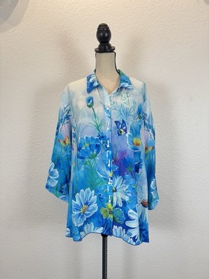 Ali Miles PXL Top Blue Floral Butterfly Rayon Nylon Crepe Button Up 3/4 Sleeves