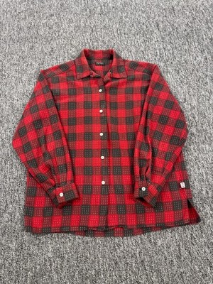 Esprit Top Women Small Red Buffalo Plaid Loop Collar Button Up Flannel Shirt Vtg