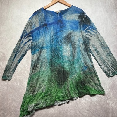 Jess Jane Top 2X Asymmetrical Crinkle Tunic Abstract Watercolor 3/4 Sleeve