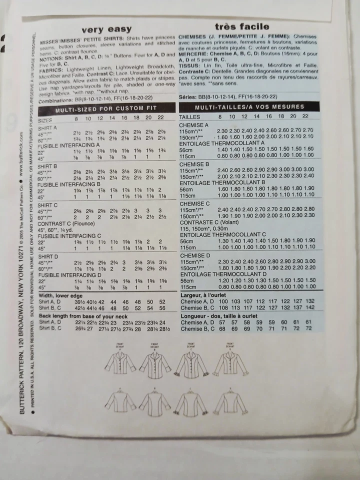 Patrón de costura Butterick 4659. Camisas Misses Petite Top. Talla 8, 10, 12, 14 Foto 2 de 3